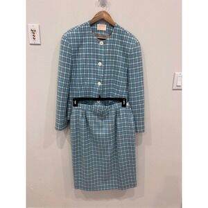 Vintage Pendleton Wool Skirt Suit Women's 14 Houndstooth Blue‎ Gray Made in USA